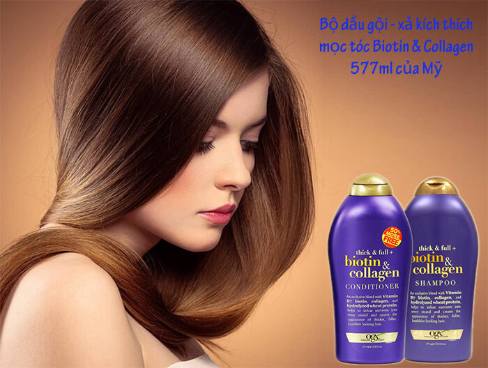 Bộ dầu gội xả kích thích mọc tóc OGX Biotin & Collagen Thick & Full của Mỹ  577ml